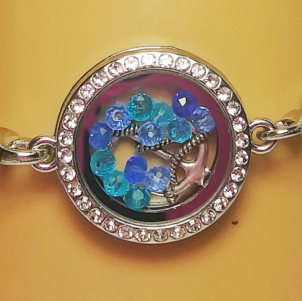 Blue Silver Anchor Floating Charm Locket Bracelet